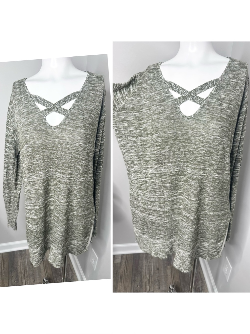 Avenue Olive Heather Crisscross V‑Neck Sweater- 22/24